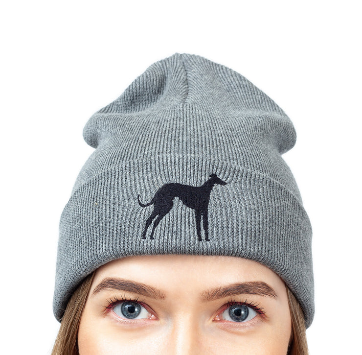 beanie with embroidered greyhound dog