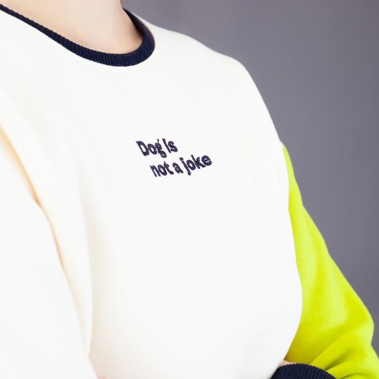 embroidered slogan of dog lovers on sweatshirt